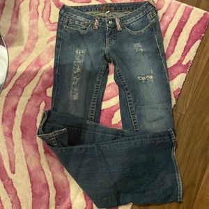 Bebe pink rhinestone trim destructed flare jeans 28